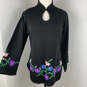 Vtg Bonnie Lee Floral Embroidery Sweater Women's 42 S/M Bell Sleeve Keyhole